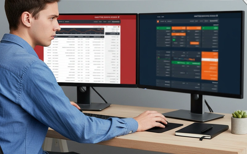 Persoon vergelijkt sportweddenschappen op meerdere schermen