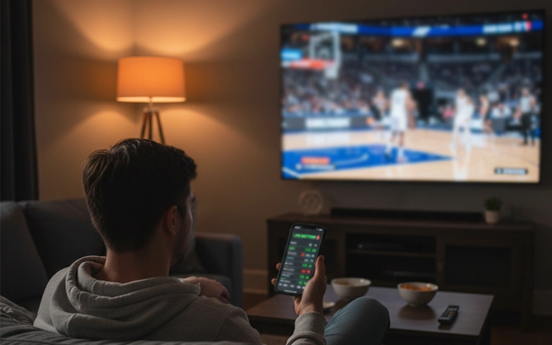Persoon volgt NBA wedstrijd live terwijl hij wedt op smartphone