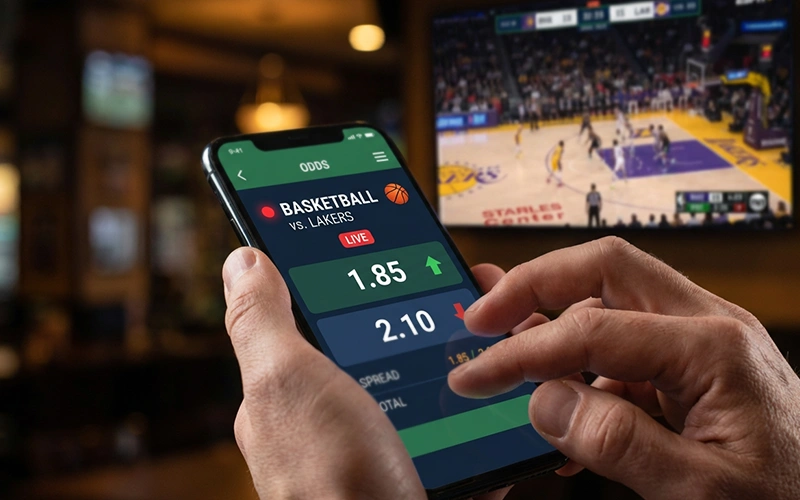 Sportwedder bekijkt live odds op telefoon tijdens wedstrijd
