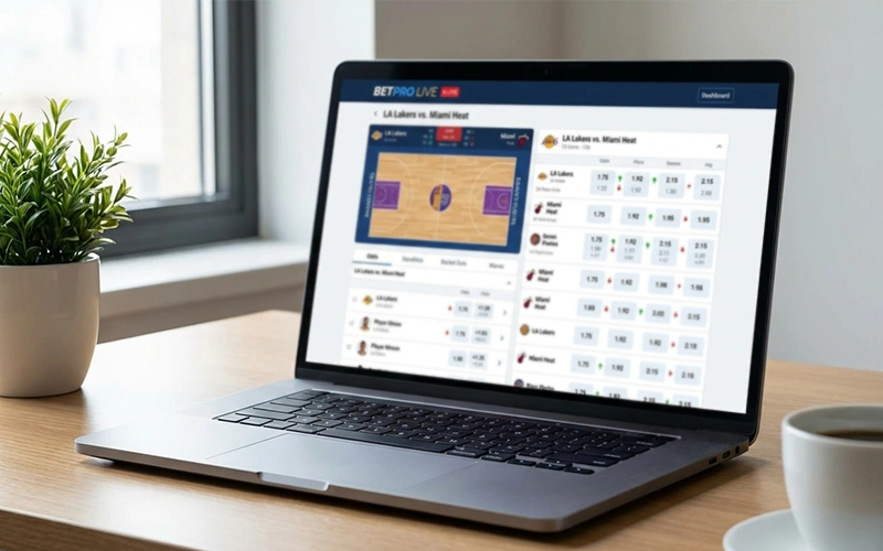 Laptop scherm met veranderende live odds tijdens basketbal