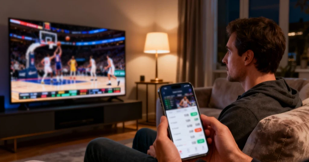 Sportwedder bekijkt NBA wedstrijd op smartphone met wedapp