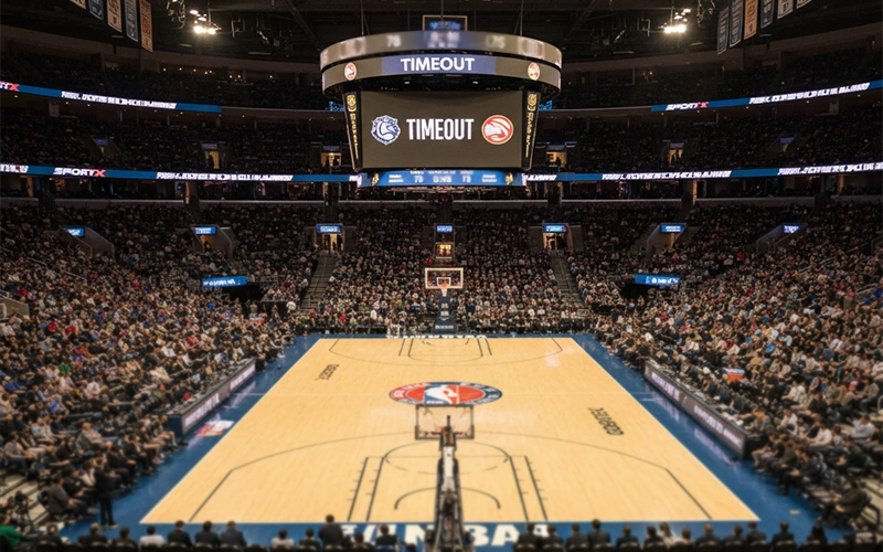 Overzicht van NBA-arena met conferentie indeling op scorebord