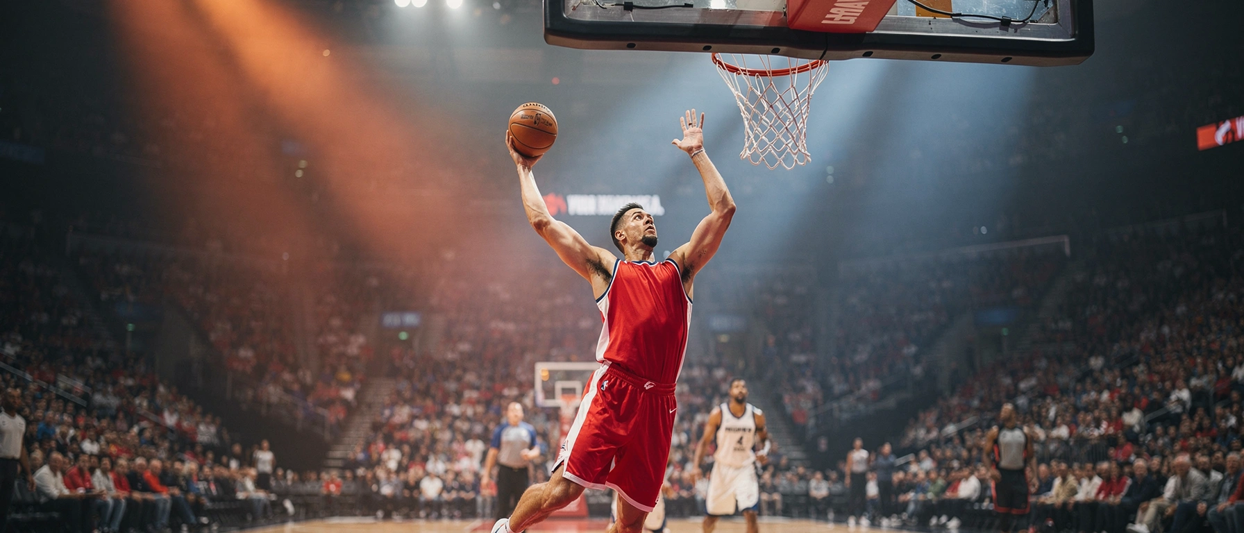 NBA basketbalwedstrijd in een verlichte arena met spelers in actie