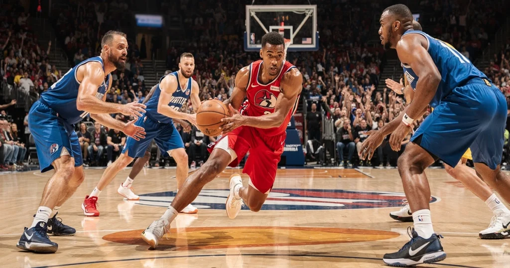 NBA basketbalwedstrijd in uitverkochte arena met spelers in actie