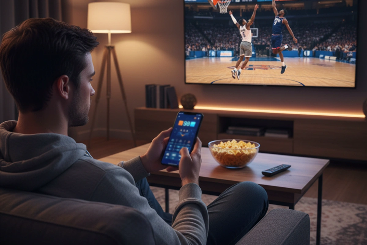 Fan kijkt live NBA wedstrijd op televisie met smartphone voor wedden