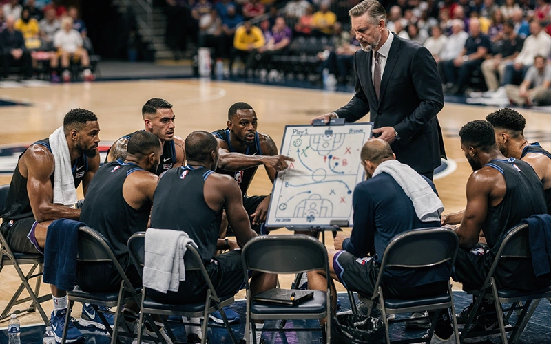 Basketbalteam tijdens time-out met coach instructies