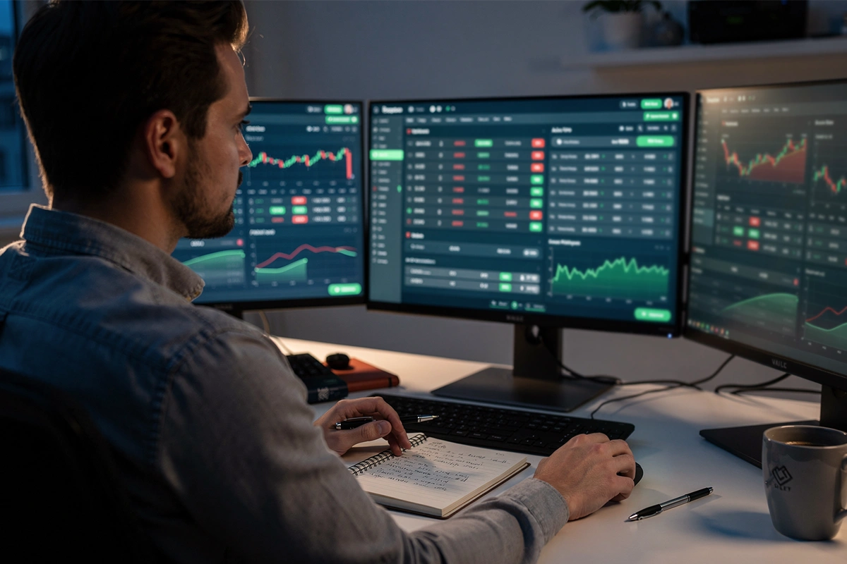 Persoon analyseert NBA odds en statistieken op meerdere schermen