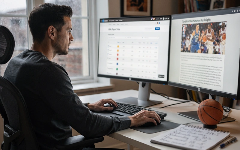 Computer met NBA statistieken website en aantekeningen