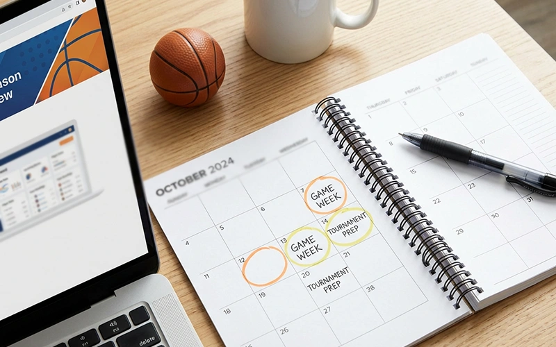 Planner met NBA seizoen schema en wedstrijdanalyse