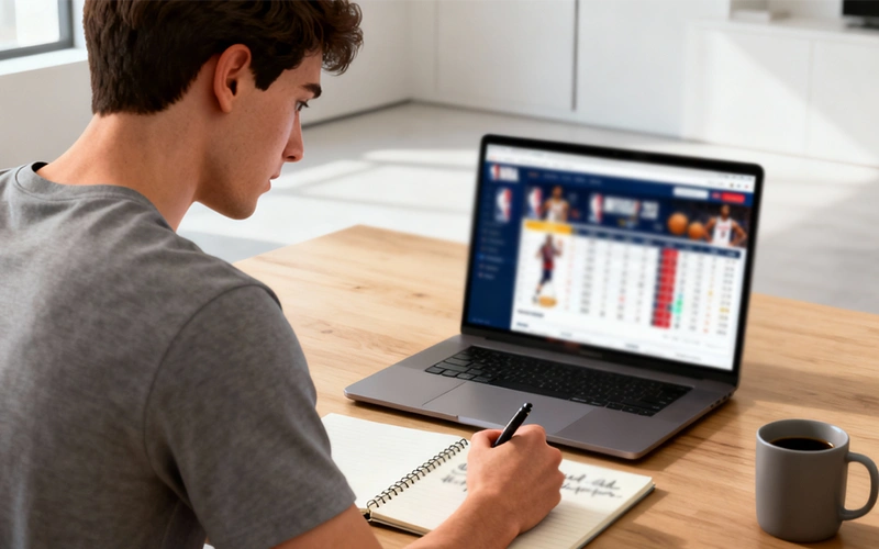 Sportwedder analyseert NBA statistieken op laptop