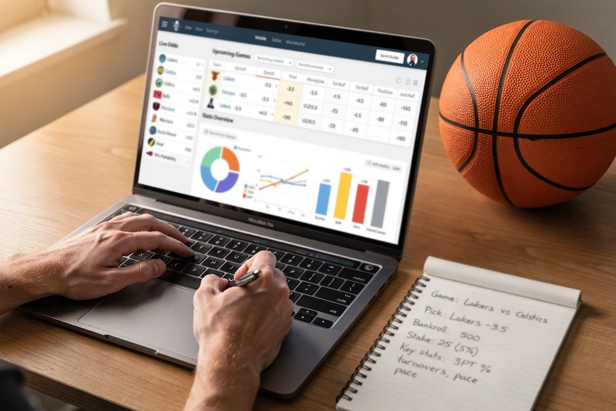 Verschillende NBA wedopties op een laptop scherm met basketbal erbij
