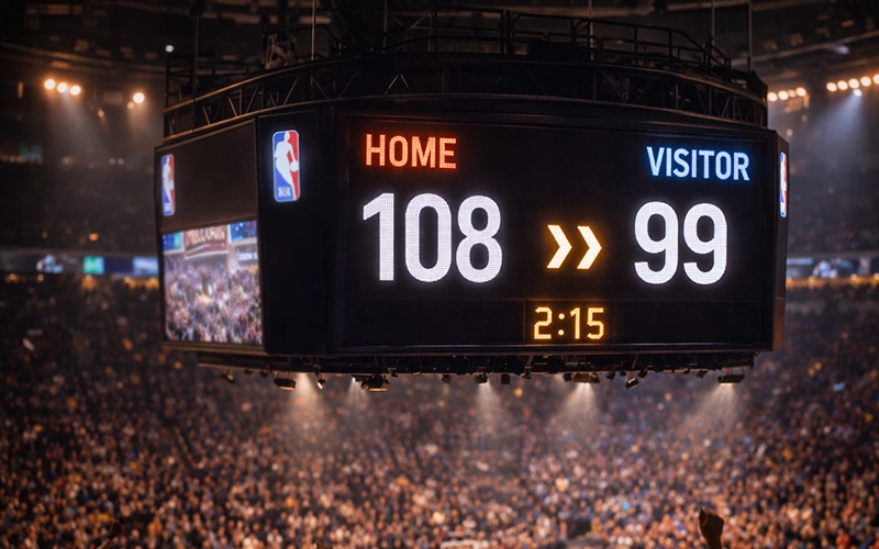 NBA wedstrijd met puntenverschil zichtbaar op scorebord