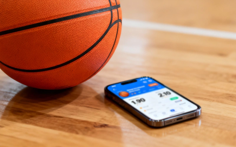 Mobiele telefoon met sportwedden app naast basketbal
